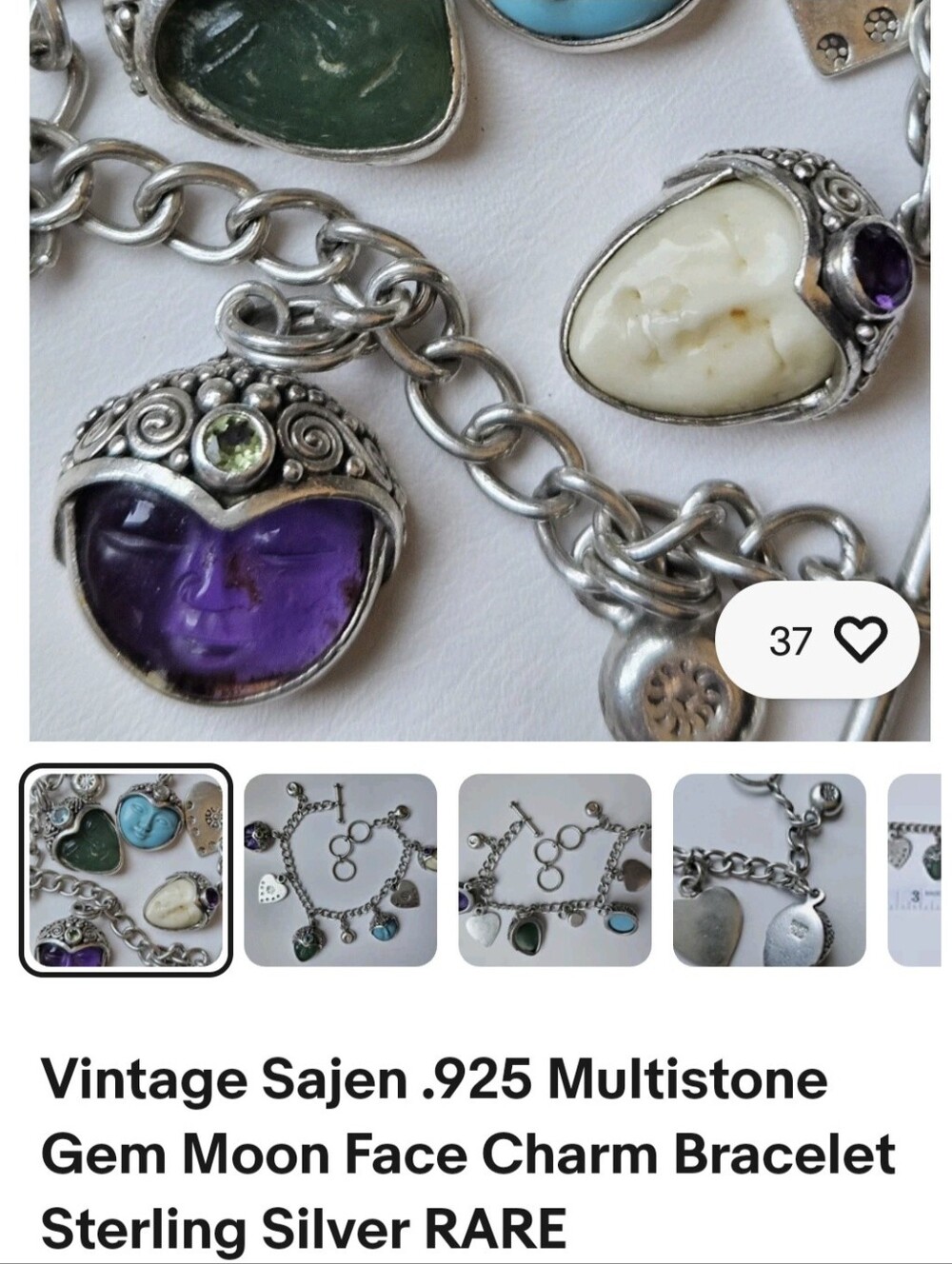 Vintage Silver SAJEN Balinese Multi Hand Carved Gemstone Faces Charm Bracelet.